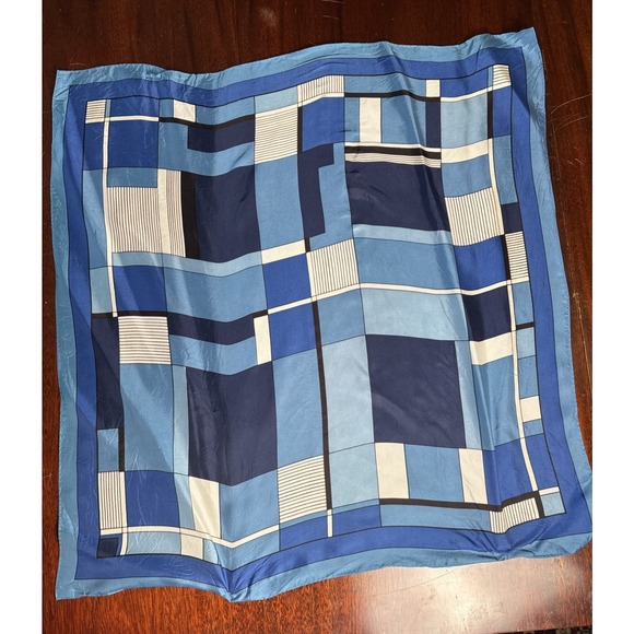 Womens VTG Square Scarf Water Repellent Acetate Made In Japan Blue Colorblock - Picture 1 of 6